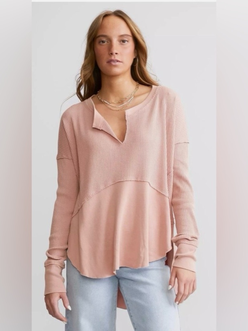 We The Free Monterey Pieced Waffle Knit Top in Rosie, XL